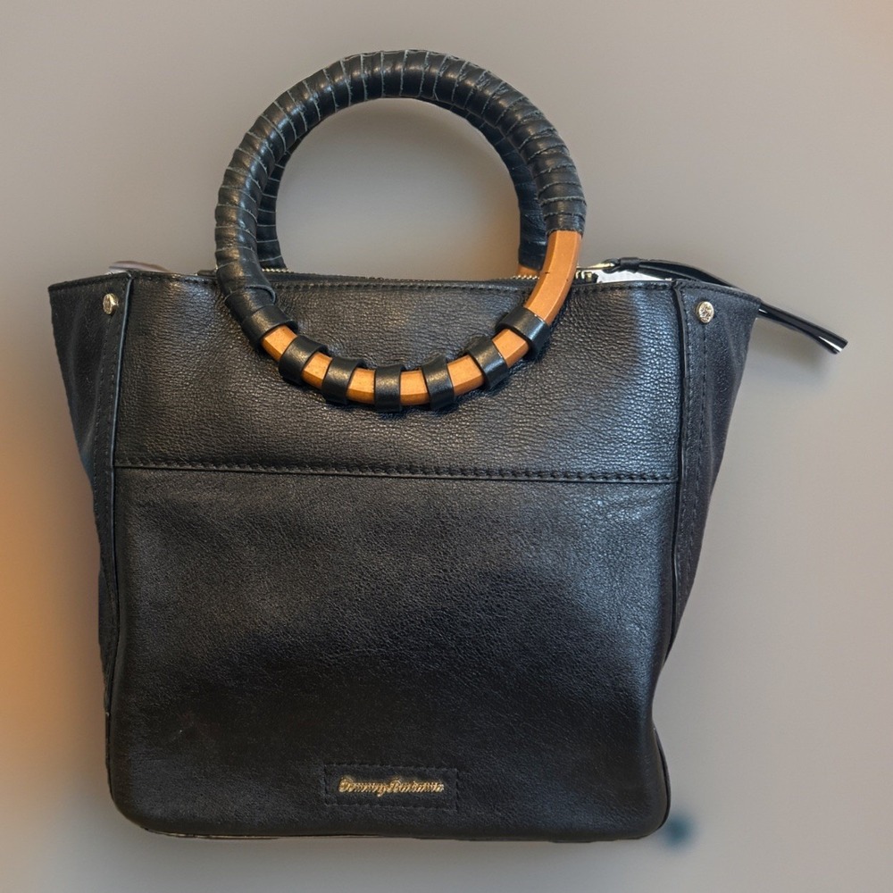 Tommy Bahama Isla Plata Black Leather Tote Wooden Handle 9"x9"x 4.25"